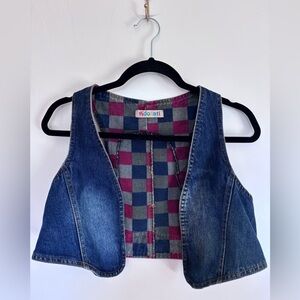 Vintage Denim Crop Vest | Plaid Lined | Sleeveless Jean Vest